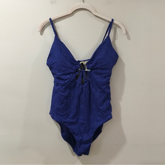 Trina Turk NWT JOPLIN JACQUARD PETAL CUTOUT PLUNGE ONE PIECE SWIMSUIT sz 10 Blue - Picture 2 of 7